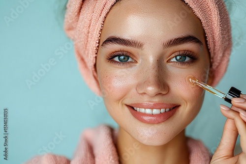 Beautiful young lady applying moisturizing facial serum, doing Morning daily beauty luxury procedures, holding dropper with essential oil, blue