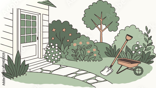 Illustration of a garden scene with a house door shovel wheelbarrow and various plants
