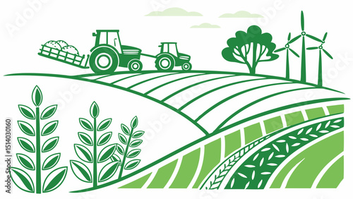 Green agricultural landscape with tractors, crops, wind turbines and a solitary tree