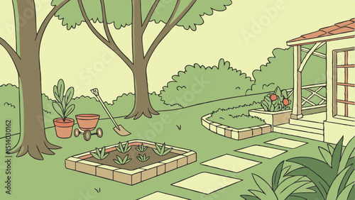 Illustration of a garden with trees, plants, a house, and gardening equipment present