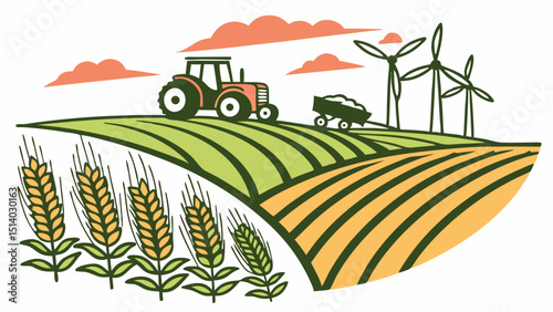 Illustration of a farm landscape with tractor, wheat, and wind turbines on a hill