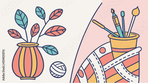Illustration showing a vase with leaves and a ball of yarn next to a cup of art supplies