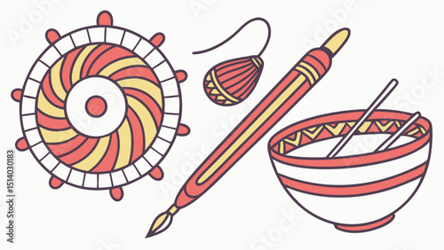 Illustration of a patterned disc earring pen and bowl with sticks in a simple style art