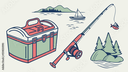 Illustration of a fishing scene with tackle box, fishing rod, fish, and landscape view