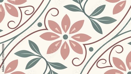 Delicate floral pattern with pink flowers and green leaves on a cream colored background