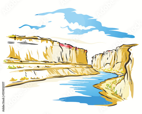 realistic colorful canyon with river flowing vector