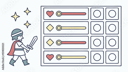 Cartoon illustration of a character with a sword and a game interface with bars and circles