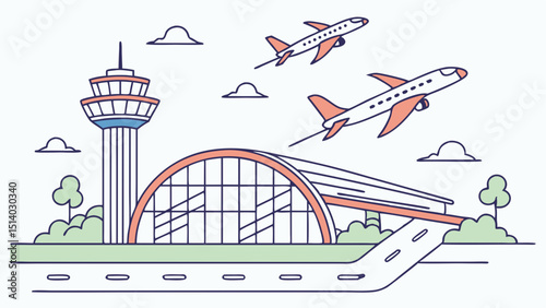 Illustration of an airport with airplanes taking off and a control tower in the scene