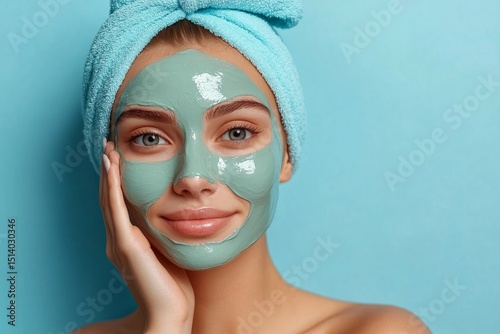 Beautiful young lady using face clay mask on cheek, making beauty routine, posing on blue background photo