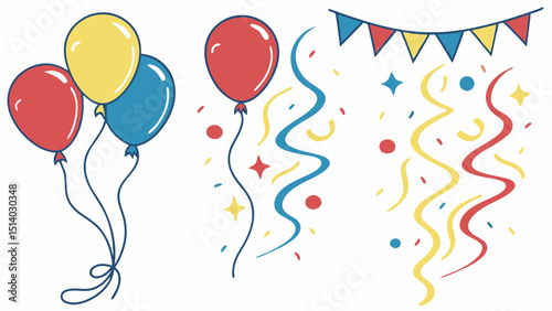 Illustration of balloons, confetti, and a banner, perfect for a festive occasion