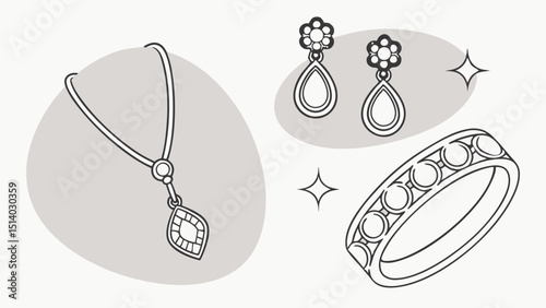 Illustration showing a necklace, a ring, a pair of earrings and some sparkles around them