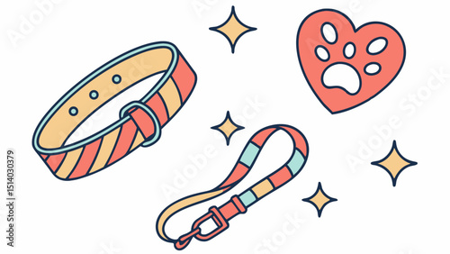 Illustration of dog collar, leash, heart with paw print and sparkles on white background