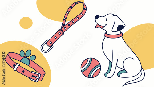 Illustration of a dog with collar, leash, and a paw print collar next to a ball