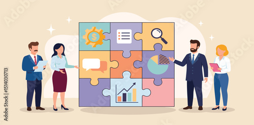 Business Teamwork concept. Contemporary flat style abstract vector illustration of a group of diverse people discussing with a completed puzzle in the background.