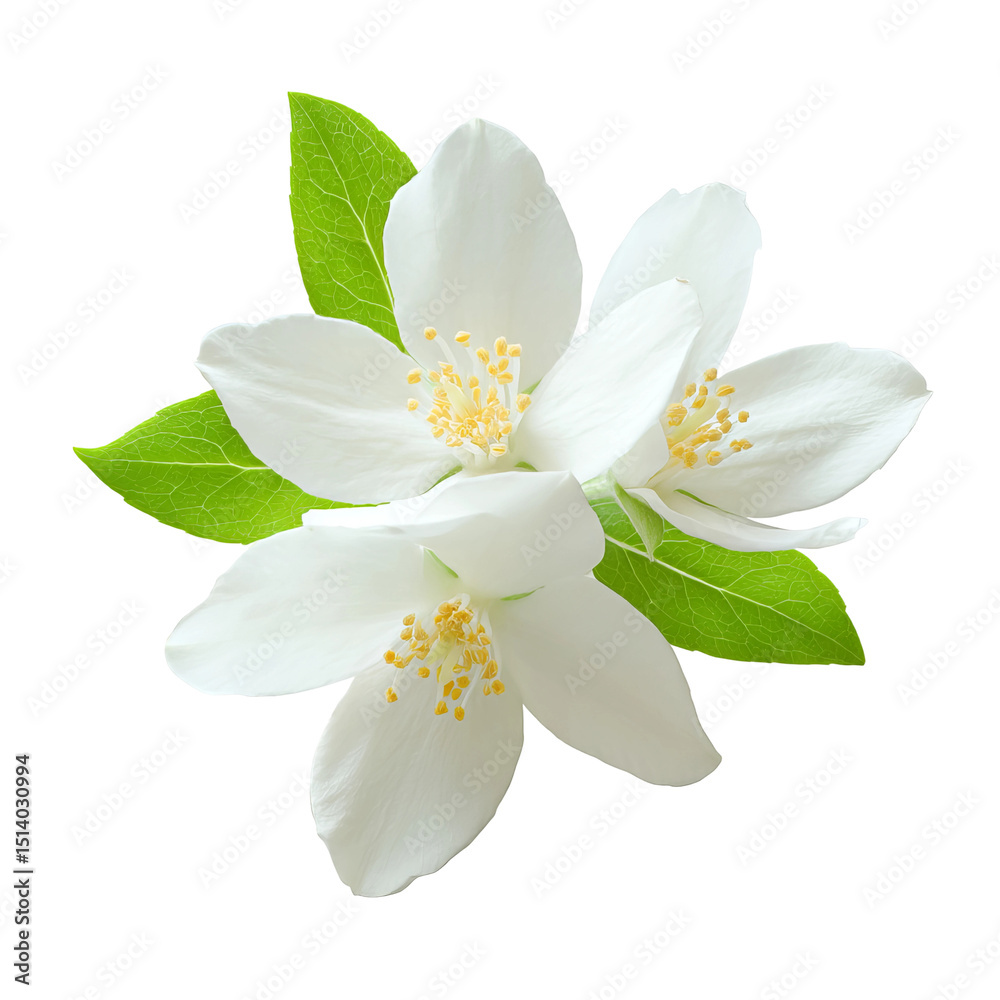 Fototapeta premium Close-up of delicate white jasmine flowers with green leaves. The bright image captures the intricate details of the petals and the fresh, vibrant leaves.