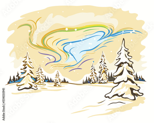 northern lights above snowy forest flat vector  