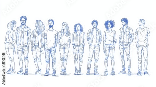 continuous line drawing of diverse group of standing people