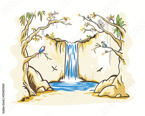 realistic hidden waterfall in jungle with tropical bird vector