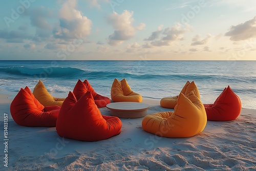 Colorful Bean Bags On Sandy Beach High Resolution Picture