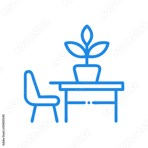 Simple line drawing of a chair and table with potted plant  