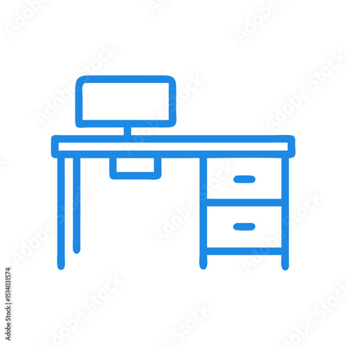 Simple blue desk with computer monitor and two drawers