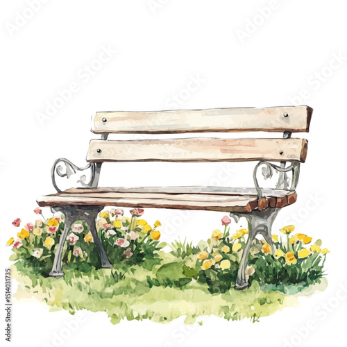 My Watercolor illustration, illustration garden bench in flowers painting isolated on a white background, illustration, AI painting design, vector illustration set, eps format	