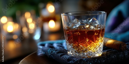 Fine whiskey on the rocks served with cigar in an ambient lounge at night