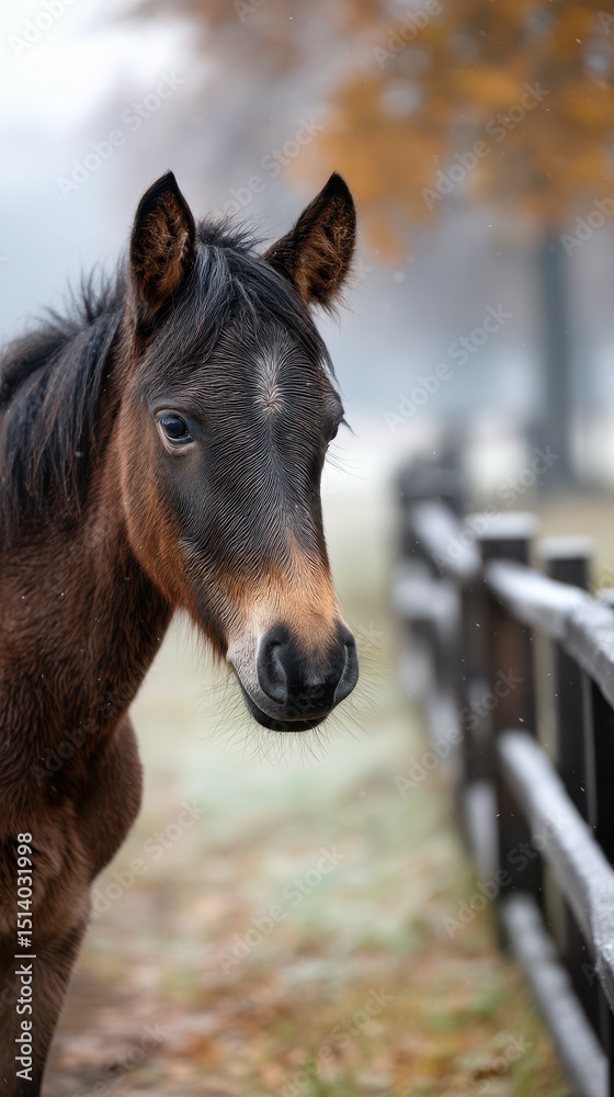 Fototapeta premium Brown horse standing near a wooden fence during a misty autumn morning in a rural countryside setting