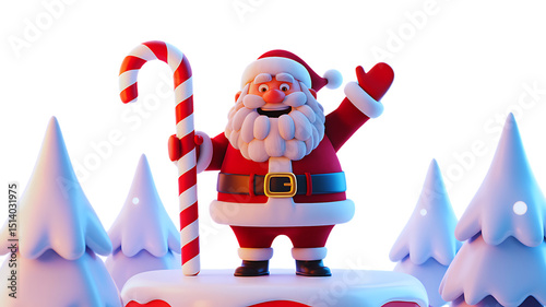 Cartoon Santa Claus with Candy Cane and Snowy Trees on transparent background