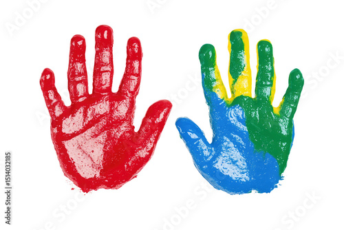Two hands with colorful paint prints against a black background representing creativity and art