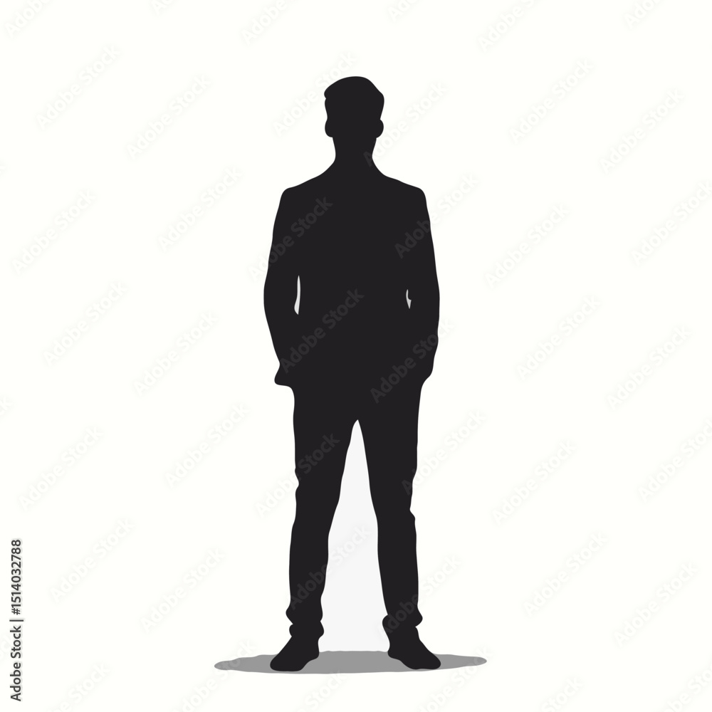 Obraz premium Black silhouette of a man in a suit, standing confidently. Ideal for business, professional, or corporate designs. Perfect vector art, clipart, or illustration for creative projects. High-quality grap