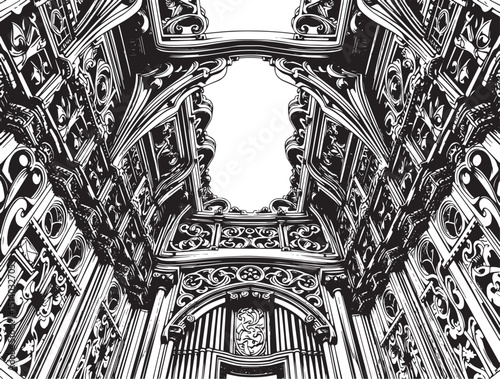 Antique wood architecture, the patterns are made with wood carvings. Hand drawn vector illustration