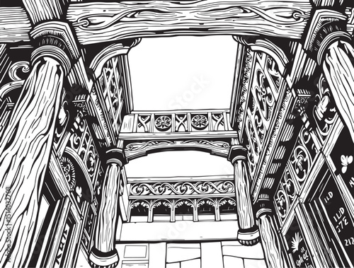 Antique wood architecture, the patterns are made with wood carvings. Hand drawn vector illustration