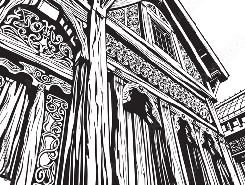 Antique wood architecture, the patterns are made with wood carvings. Hand drawn vector illustration