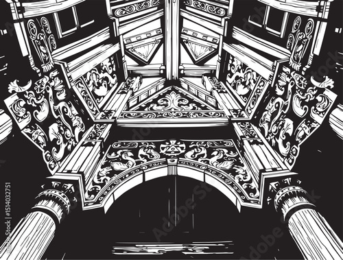 Antique wood architecture, the patterns are made with wood carvings. Hand drawn vector illustration