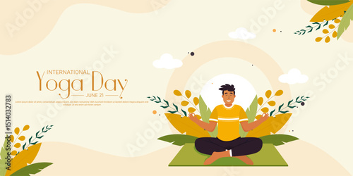 International yoga day banner or poster template design.Man doing yoga pose.