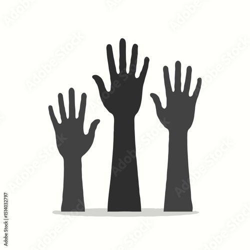 Three black raised hands silhouette, symbolizing unity, support, and community. Ideal for teamwork, volunteering, or social justice designs. Perfect vector art, clipart, or illustration for creative 