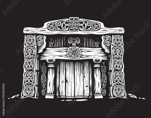 Antique wood architecture, the patterns are made with wood carvings. Hand drawn vector illustration