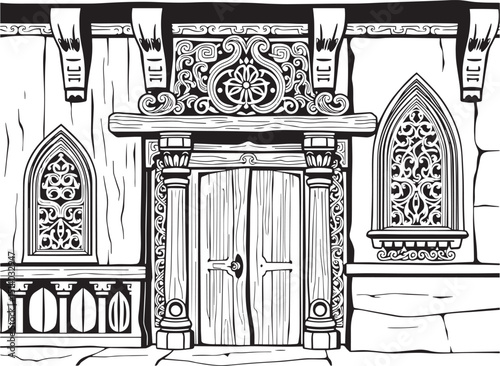 Antique wood architecture, the patterns are made with wood carvings. Hand drawn vector illustration