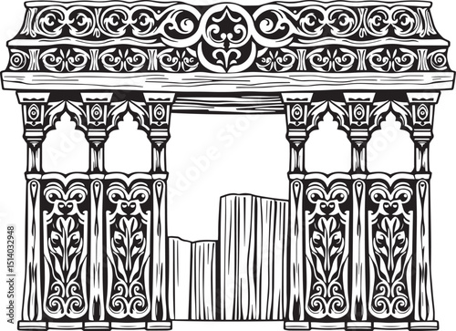 Antique wood architecture, the patterns are made with wood carvings. Hand drawn vector illustration