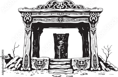 Antique wood architecture, the patterns are made with wood carvings. Hand drawn vector illustration