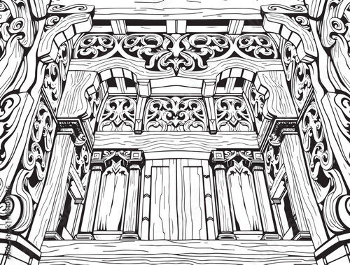 Antique wood architecture, the patterns are made with wood carvings. Hand drawn vector illustration