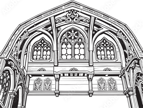Antique wood architecture, the patterns are made with wood carvings. Hand drawn vector illustration