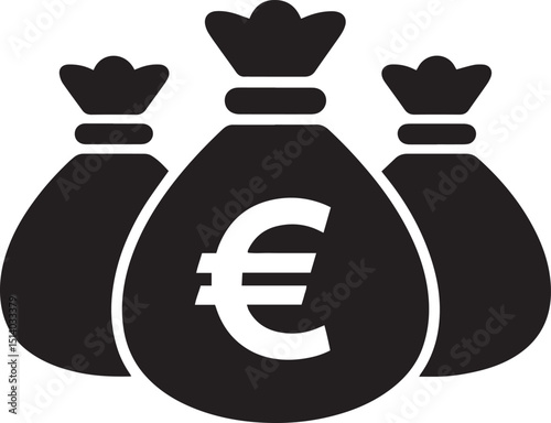 Three black money bags with euro symbol in a minimalist vector art
