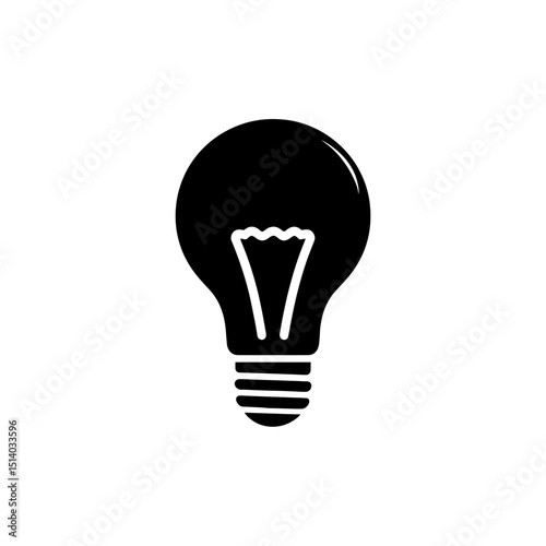 Simple black vector icon of a classic light bulb with filament on transparent background.
