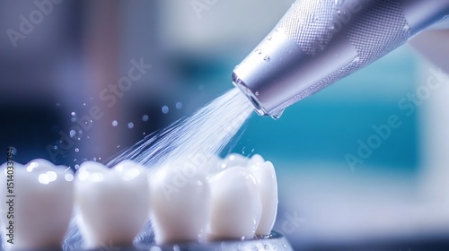 Close up of a dental cleaning tool in action with water spray visible showcasing professional teeth cleaning in a modern clinic setting