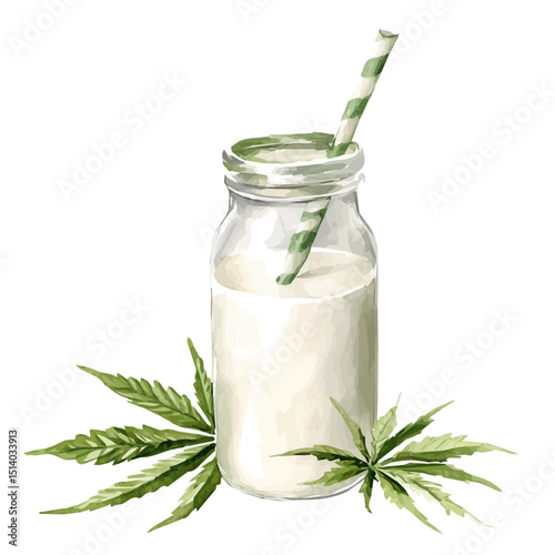 My Watercolor illustration, hemp_milk bottle painting isolated on a white background, illustration, AI painting design, vector illustration set, eps format	