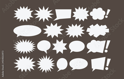 Collection of White Speech Bubbles and Starbursts on Brown Background