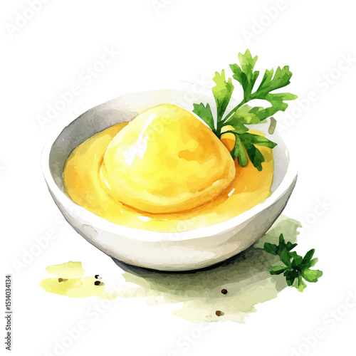My Watercolor illustration, illustration hollandaise sauce with parsley painting isolated on a white background, illustration, AI painting design, vector set, eps format design,