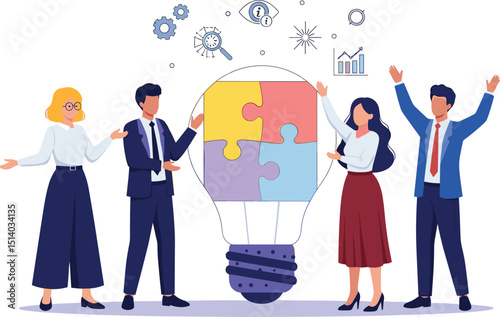 Business Discussion Concept. Contemporary flat style vector illustration of diverse standing people in business suits discussing an idea in the form of light bulb made of puzzle